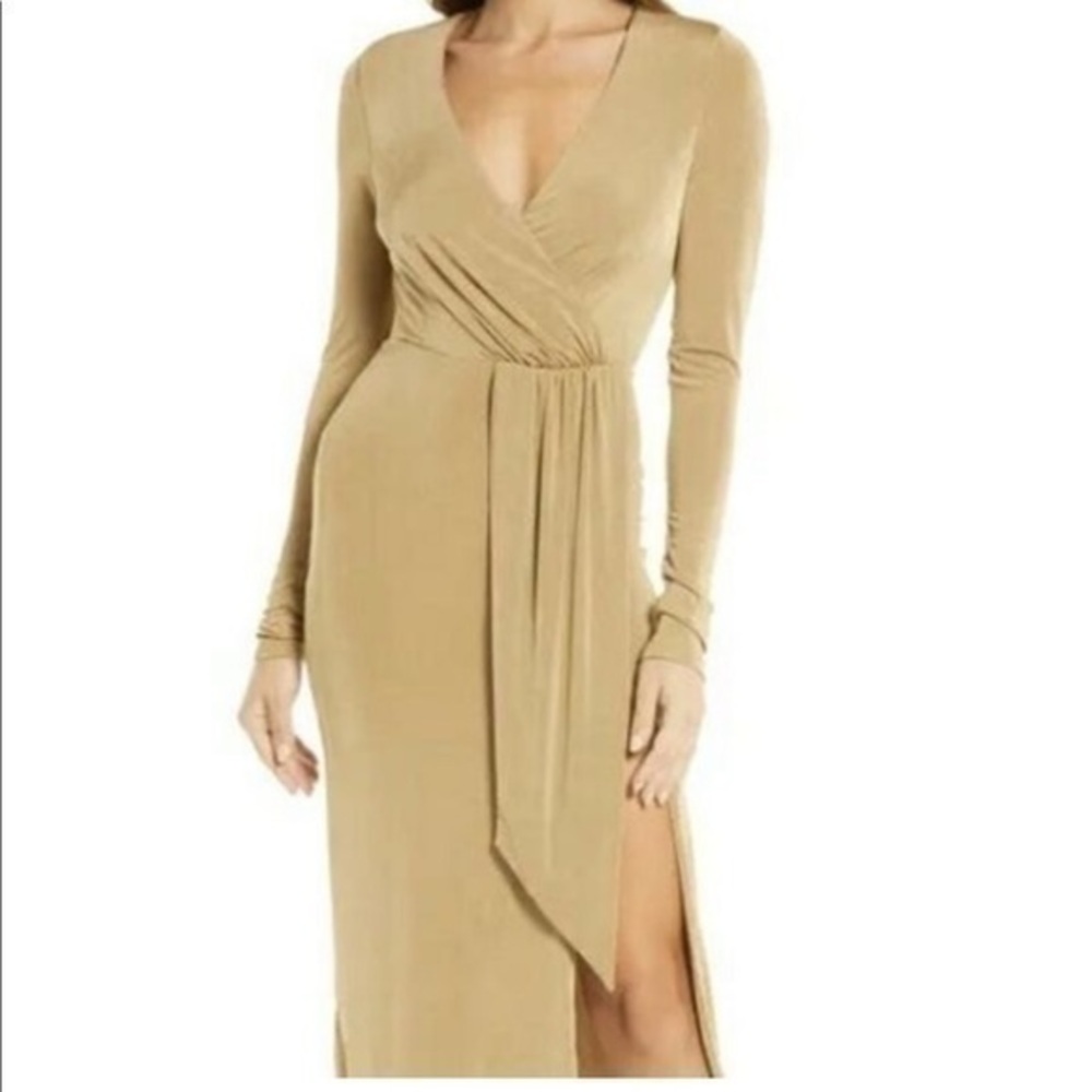 NWT Good American Dress Pale Gold Shimmer Long Sleeve Faux Wrap Dress, Small (1)